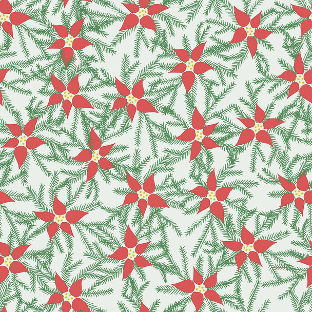 Red poinsettia with fir branches. Pattern. - Vector, Image