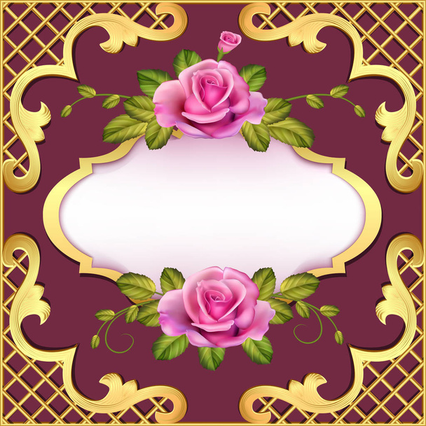 Illustration vintage frame background with roses and golden orna - Vetor, Imagem