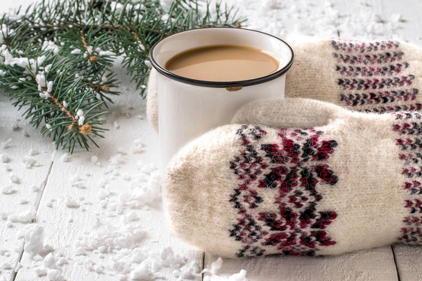 Female hands in mittens holding mug of hot chocolate  - Fotografie, Obrázek