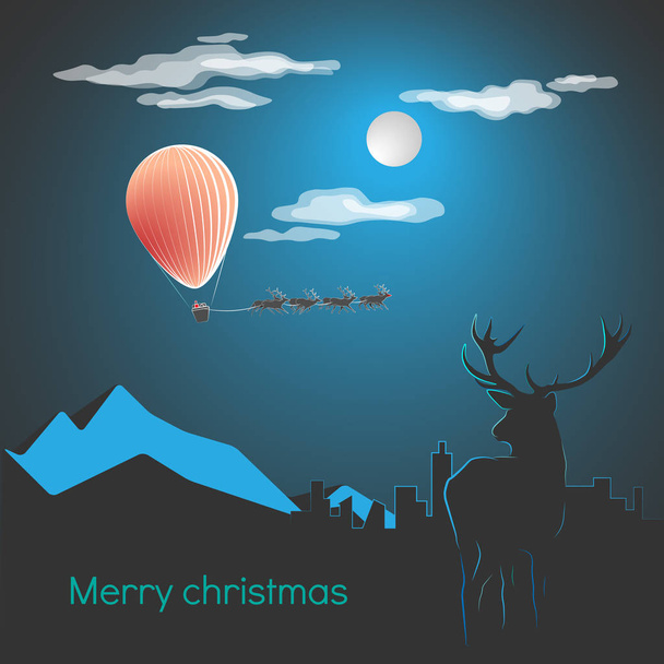 Vánoční přání. Létající Santa na noční město a jelen se dívá na to  - Vektor, obrázek
