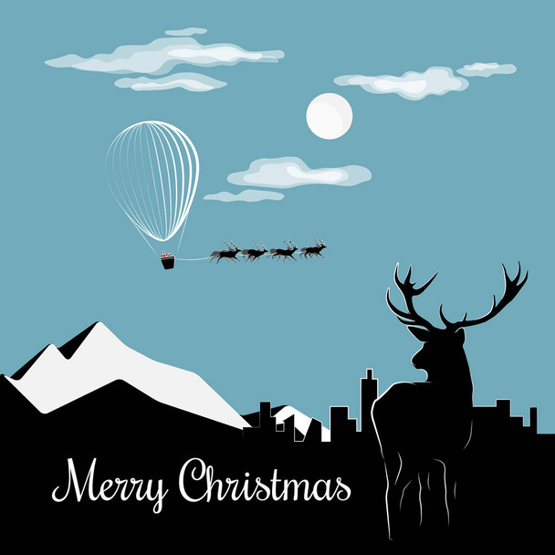 Tarjeta de Navidad. Volando Santa en la ciudad nocturna, y el ciervo lo mira
  - Vector, Imagen