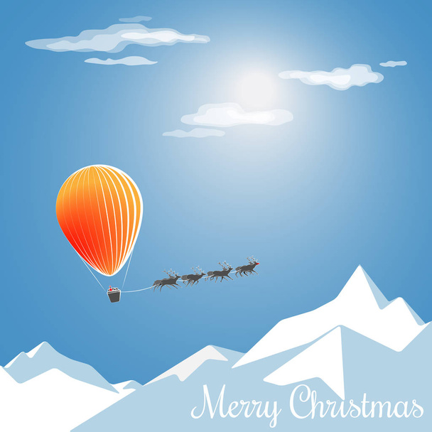 Christmas card.Santa's flight in a balloon over the snow-capped mountains in the night. - Vector, Image