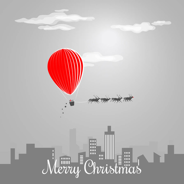 クリスマス カード。サンタさんの都市上空を飛行. - ベクター画像