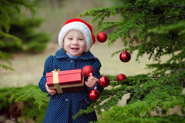 beautiful little girl smiling in santa hat holding present box near the Christmas tree - Photo, image