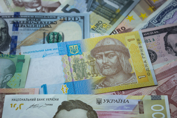 Ukrainan hryvnia, dollarin seteleitä, euroja ja muuta rahaa. Raha ba
 - Valokuva, kuva