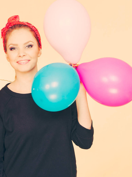 Happy smiling woman with balloons. - Фото, изображение