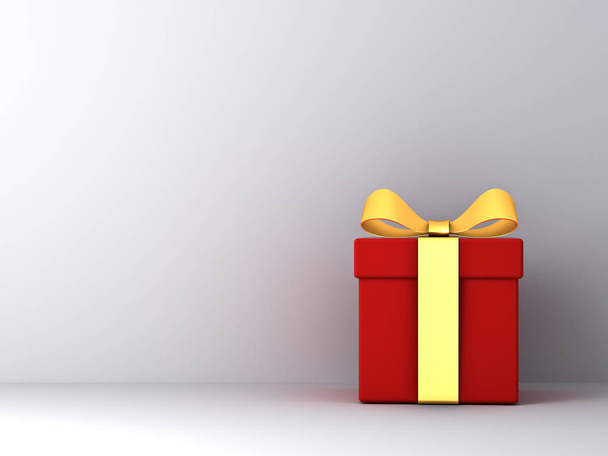 Caja de regalo roja regalo con lazo de cinta de oro sobre fondo de pared blanco con sombra
 - Foto, imagen