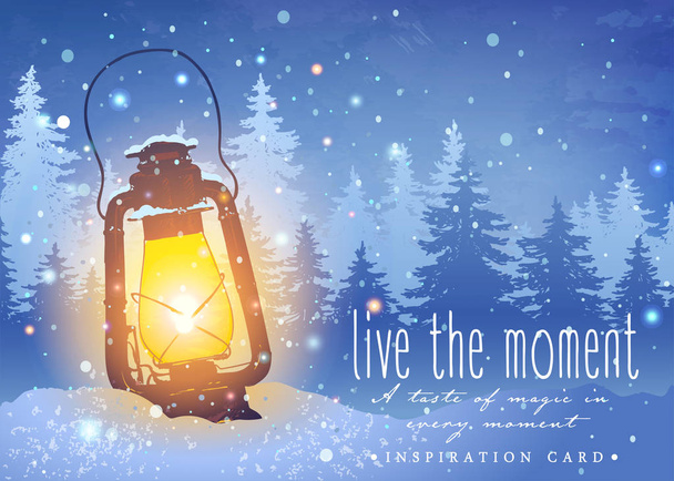 Amazing vintage lantern on snow with magical lights at the winter spruce forest background. Snowfall. Unusual inspiration vector for Christmas greeting card, wedding, date, birthday or holiday party - Vector, Image