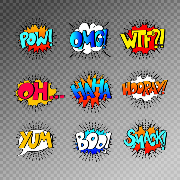 collection of nine multicolored comic sound effects in pop art s - Wektor, obraz