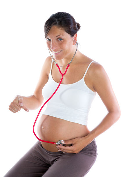 Beautiful pregnant woman as self doctor with stethoscope - Zdjęcie, obraz