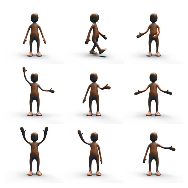 3D χαρακτήρα του ένα ξύλινο ανθρώπινη φιγούρα να στέκεται σε διαφορετικές πόζες. - Φωτογραφία, εικόνα