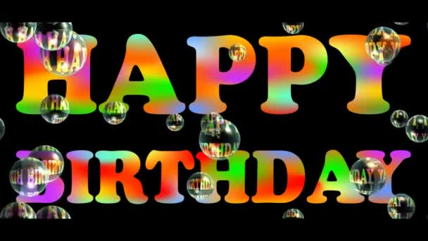 Banner de cumpleaños feliz con encabezado de arco iris colorido y burbujas de jabón flotante sobre fondo negro. Publicidad para tienda de regalos
. - Metraje, vídeo