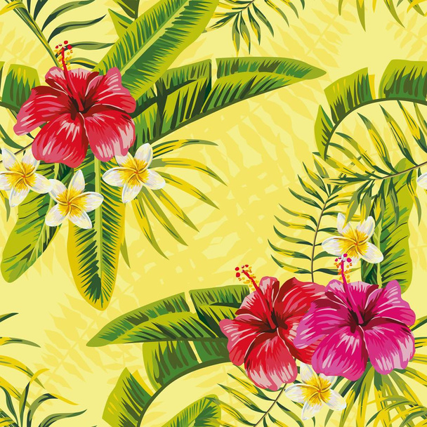 Hibiscus tropic leaves plumeria pattern - Вектор,изображение