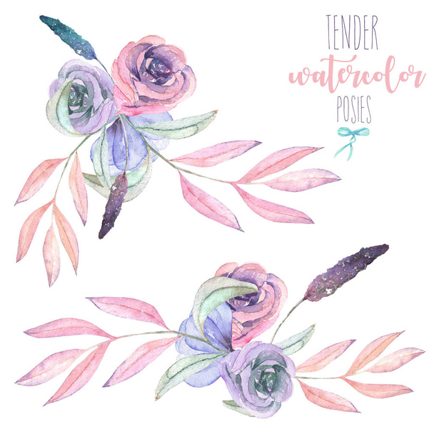 Sada s izolované akvarel květinové kytice z nabídky květin a listů v pastelových odstínech růžové a fialové - Fotografie, Obrázek