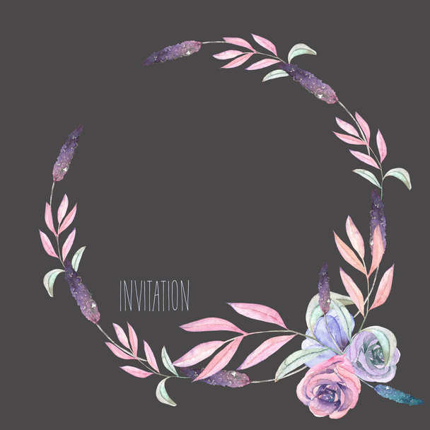Circle frame, border, wreath with watercolor tender flowers and leaves in pastel shades - Photo, image