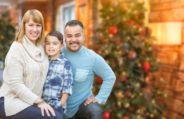 Giovane famiglia mista di razza davanti all'albero di Natale
 - Foto, immagini