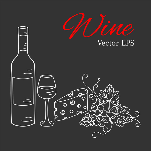 Botella de vino, copa, uvas y queso vector
 - Vector, Imagen
