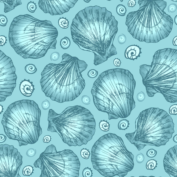 青の背景に貝殻のベクターのシームレスなパターン スケッチ。手描きの海の動物 - ベクター画像