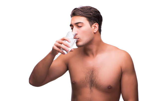 nudo uomo bere acqua isolato su bianco
 - Foto, immagini