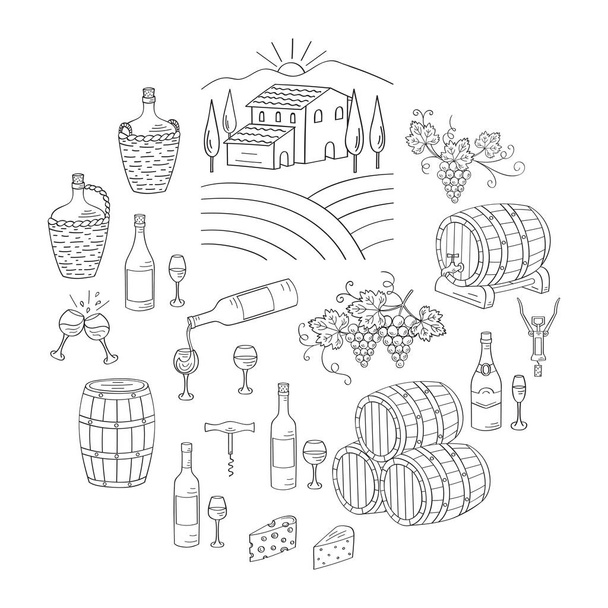 Wine and wine making set vector illustrations - Vector, Image