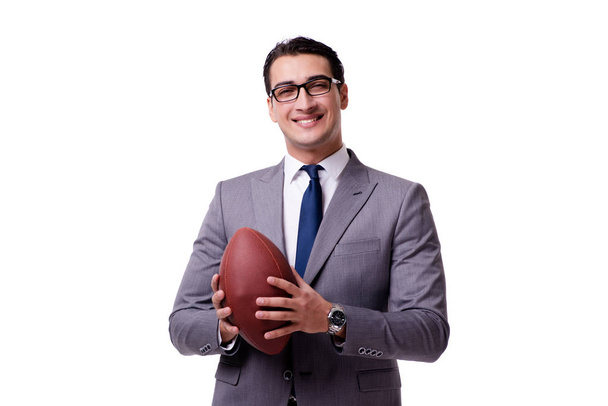 Homme d'affaires avec football américain isolé sur blanc
 - Photo, image