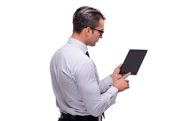 gutaussehender Geschäftsmann arbeitet mit Tablet-Computer isoliert auf wh - Foto, Bild