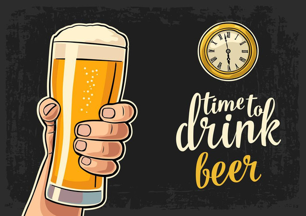Male hand holding glass beer and antique pocket watch - Vector, Image