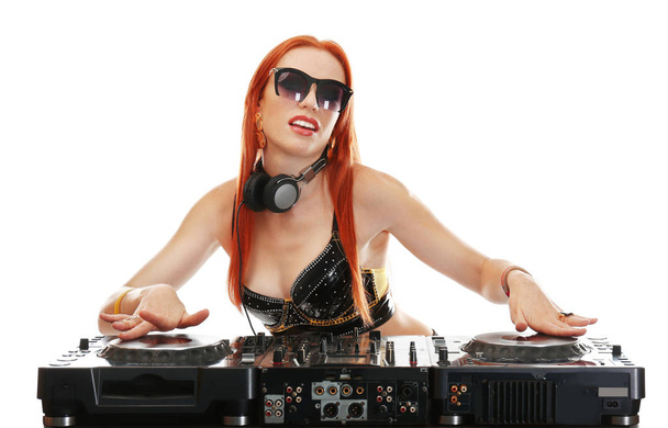 Beautiful female dj mixing music on white background - Foto, afbeelding