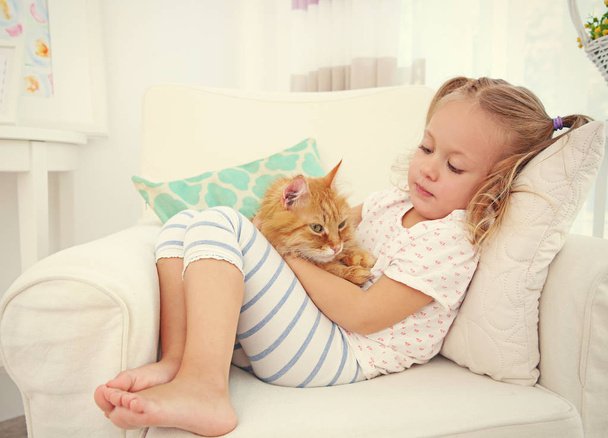 Cute little girl with red cat - Foto, Imagem