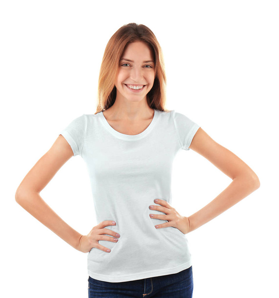 Young woman in blank t-shirt - 写真・画像