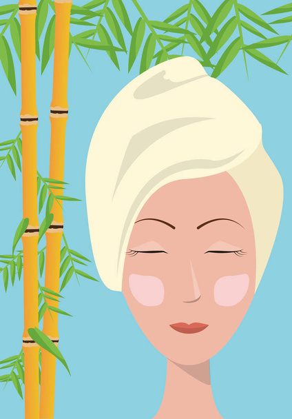 Spa vrouw handdoek zorg huid bamboe blauwe achtergrond - Vector, afbeelding