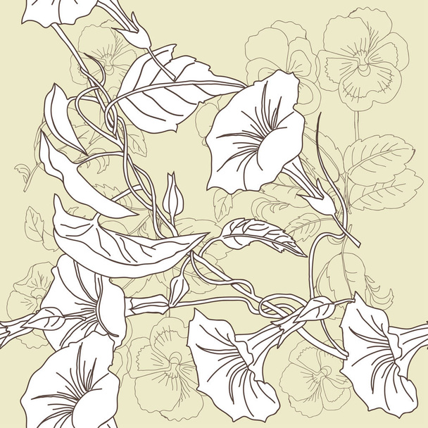 Seamless pattern with pansies and bindweed - Vector, Image