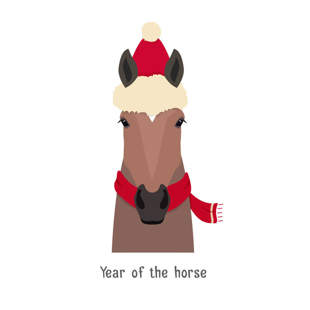 Vector bay brown horse head. christmas red hat and scarf - Vector, Image
