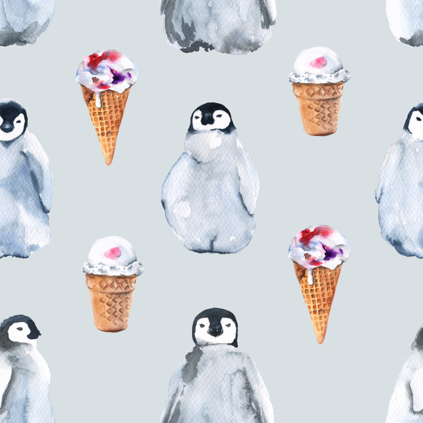 Hintergrund-Pinguine. nahtloses Muster. Aquarellillustration. - Foto, Bild