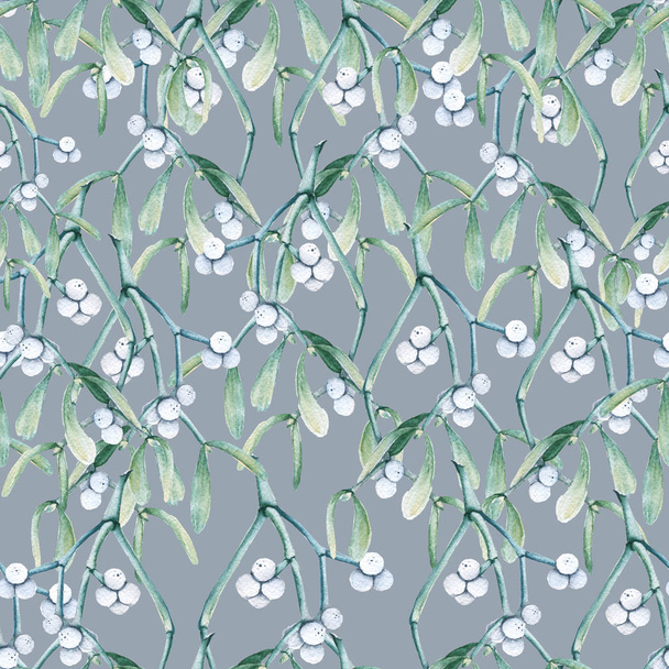 Background with branches of mistletoe. Seamless pattern. Watercolor illustration. - Foto, Imagem