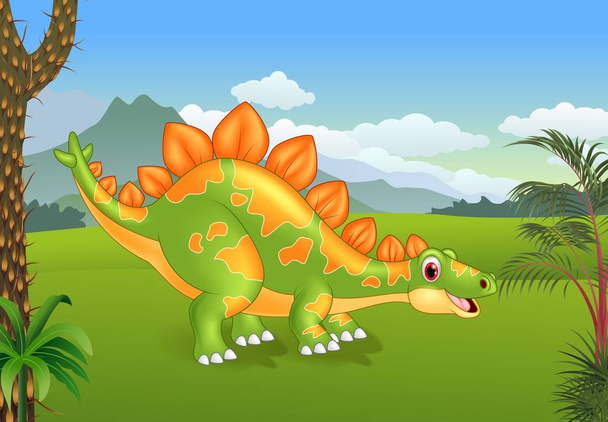 Мультфильм милый стегозавр позирует с доисторическим фоном - Вектор,изображение