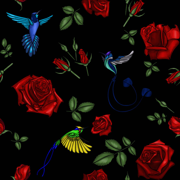 rose and bird embroidery - Διάνυσμα, εικόνα