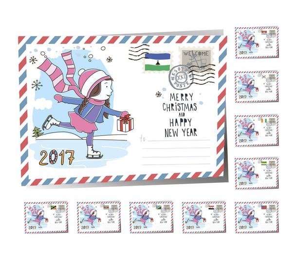 New Year Postcard Christmas skates 2017 - Vector, Image