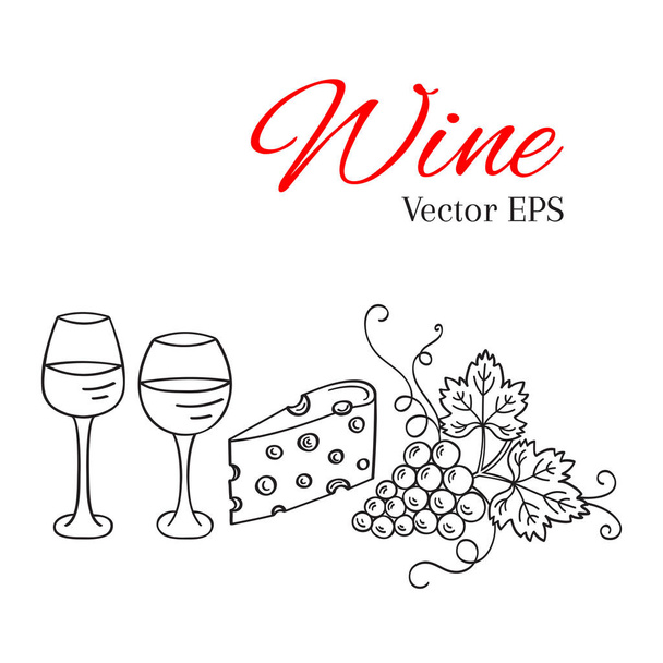 Red wine glass and white wine glass, grapes, cheese vector - Vector, Image