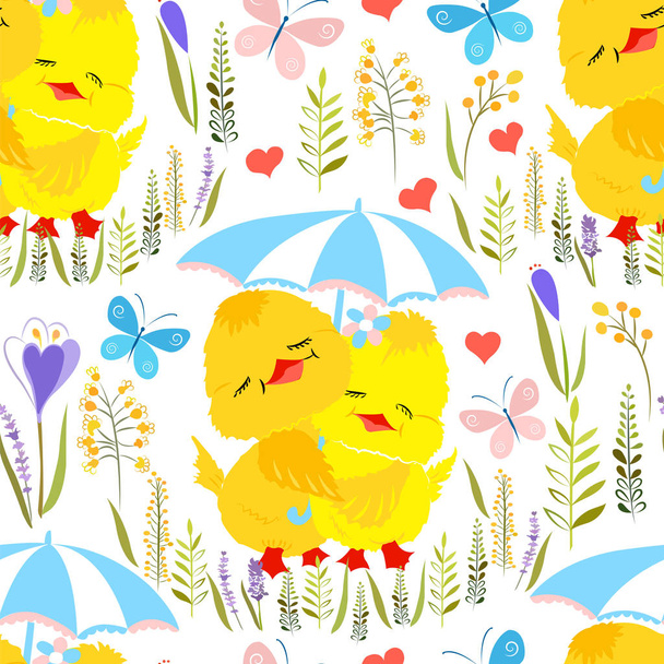 pattern with two chickens under an umbrella - Vector, Image