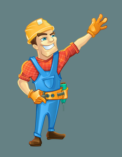 Handyman, builder in helmet pointing to the top. - Vector, Image
