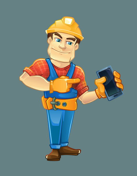Handyman, builder in helmet pointing to the smartphone. - Vector, Image