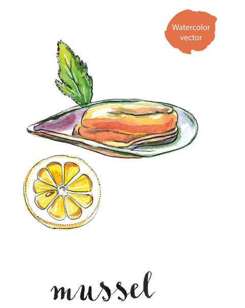Otevřené mušle s listy a citronem - Vektor, obrázek