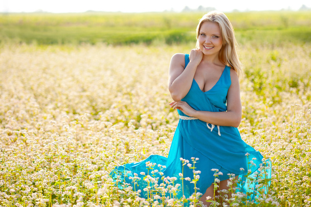Smiling woman wearing blue dress on a field - Photo, image