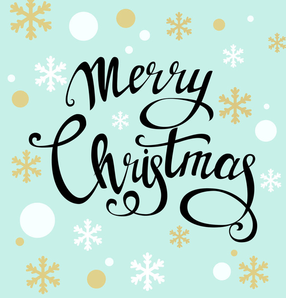Merry Christmas beautiful lettering, handmade calligraphy. Black letters, golden and white snowflakes on blue background. Vector Illustration for winter holidays. Calligraphy Font style Banner - Vetor, Imagem