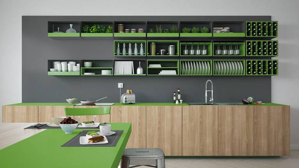minimalistische graue Küche mit Holz- und grünen Details, vegetarisch - Foto, Bild