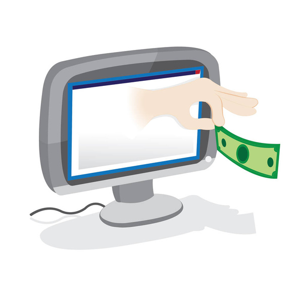 Hand giving money popping out from a pc monitor - Vector, afbeelding