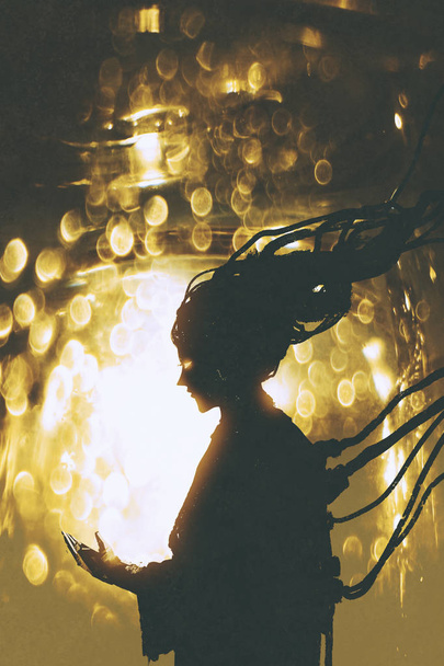 φουτουριστικό ρομπότ γυναικεία σιλουέτα σε χρυσό φόντο φως - Φωτογραφία, εικόνα