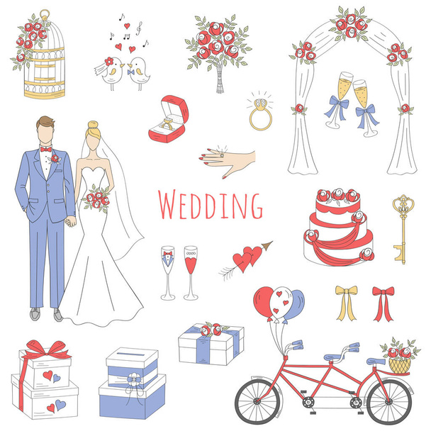 Conjunto vetorial de ícones de casamento desenhados à mão
 - Vetor, Imagem