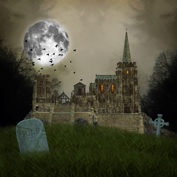 Old village and graves - halloween illustration - Photo, Image